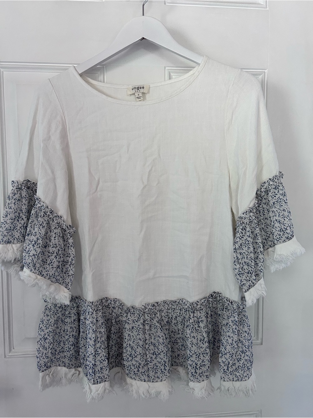 Umgee White Blouse with Navy Floral Ruffle Details